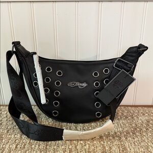 Ed Hardy Women's Marci Crescent Hobo Crossbody Bag in black faux leather